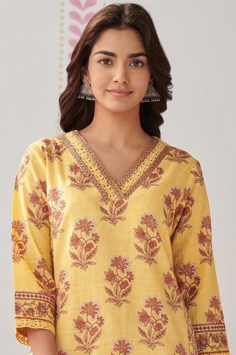 Yellow Hand Printed Straight Cotton Slub Kurta