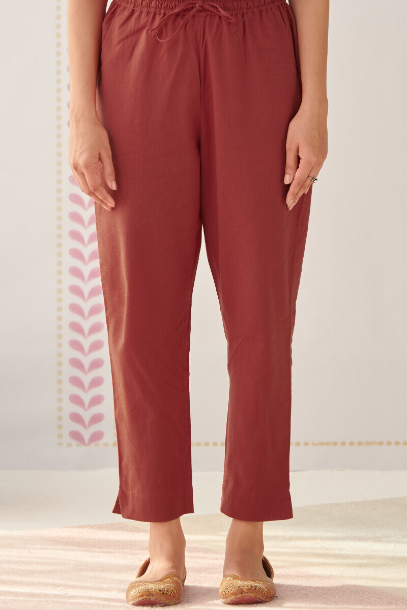 Red Handcrafted Cotton Flax Narrow Pants