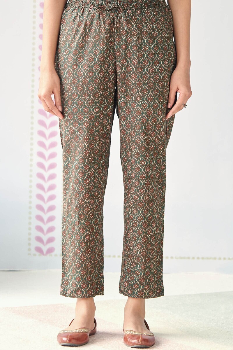 Green Printed Cotton Narrow Pants