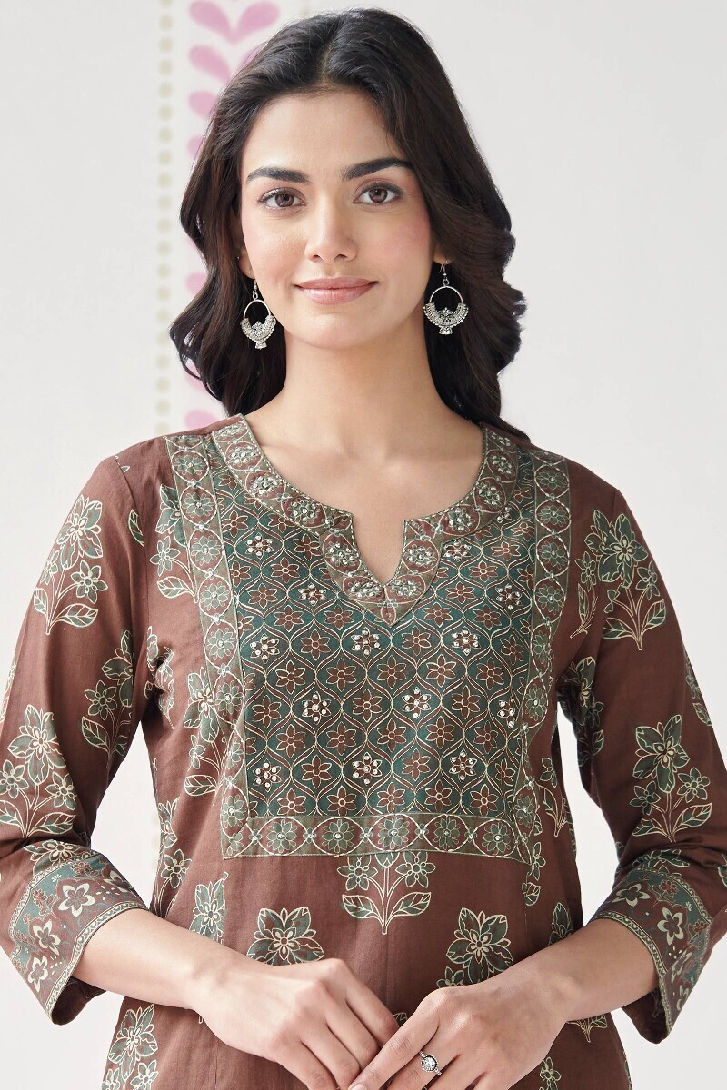 Brown Printed Straight Cotton Kurta