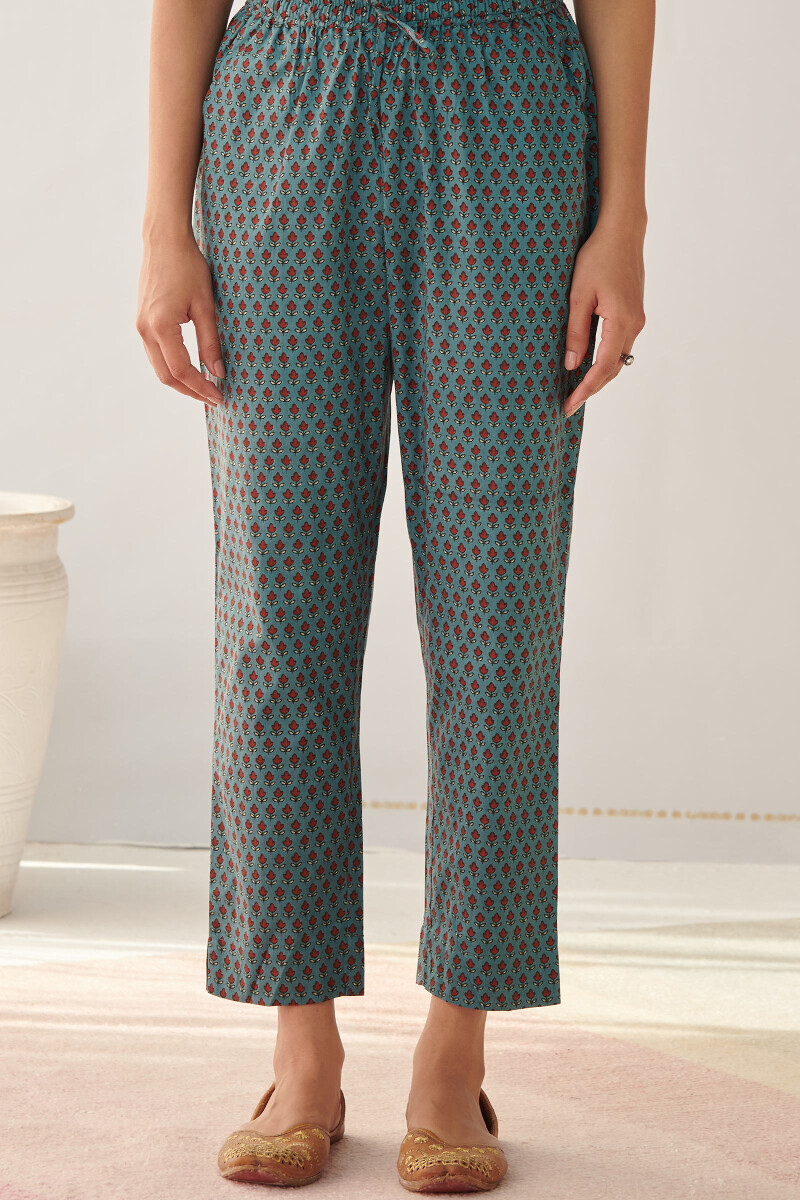 Blue Hand Printed Cotton Narrow Pants