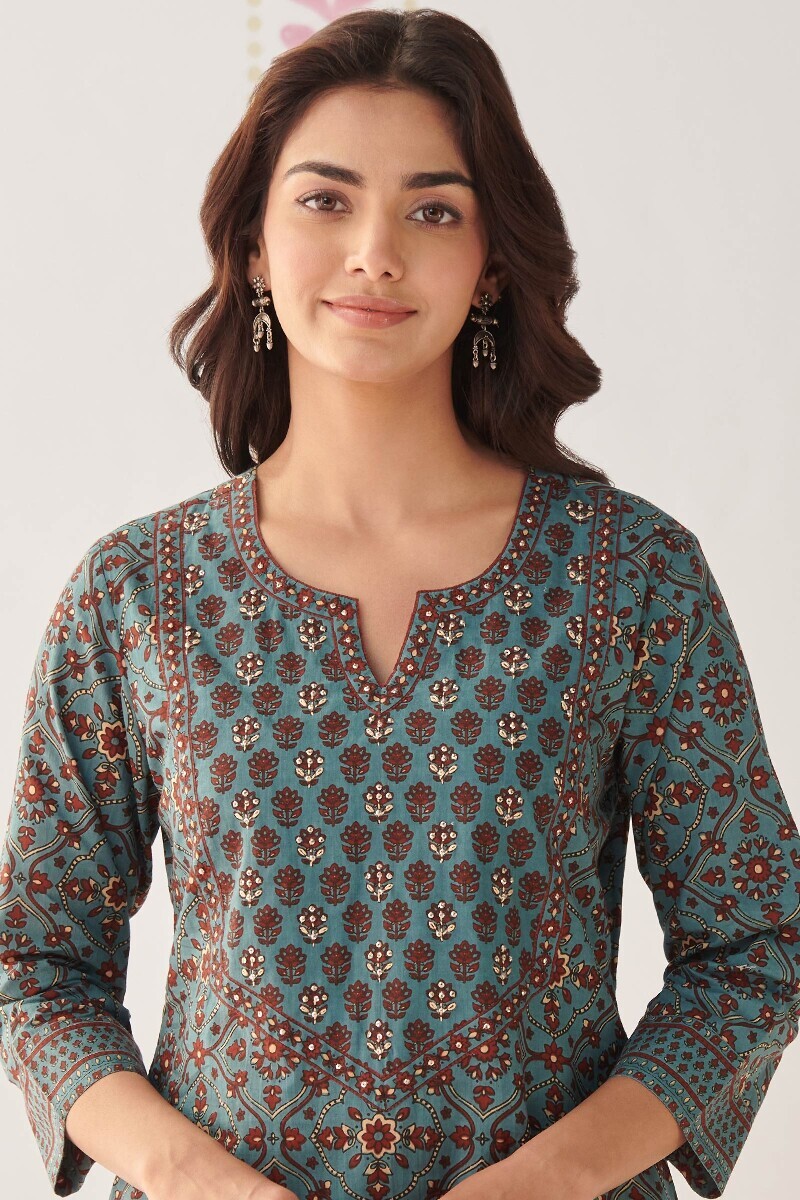 Blue Hand Printed Straight Cotton Kurta