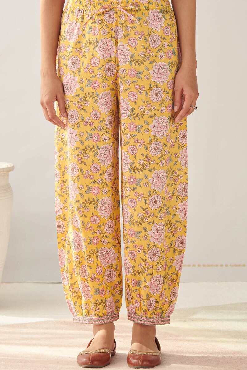 Yellow Hand Printed Cotton Izhaar Pants