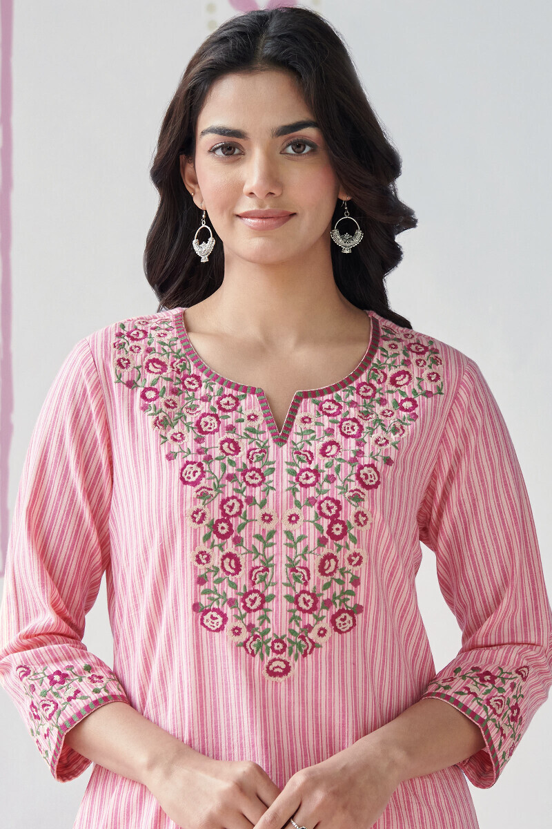 Pink Handcrafted Straight Cotton Kurta
