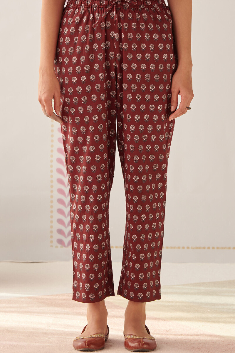 Maroon Hand Printed Cotton Narrow Pants