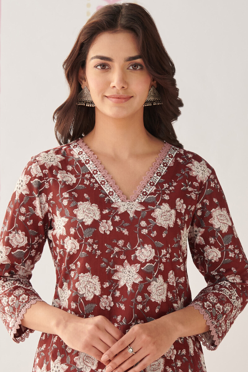 Maroon Hand Printed Straight Cotton Kurta