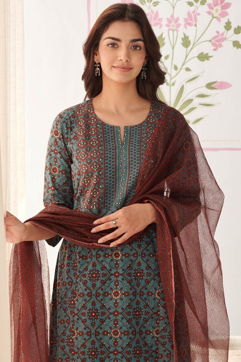 Blue Hand Printed Straight Cotton Kurta