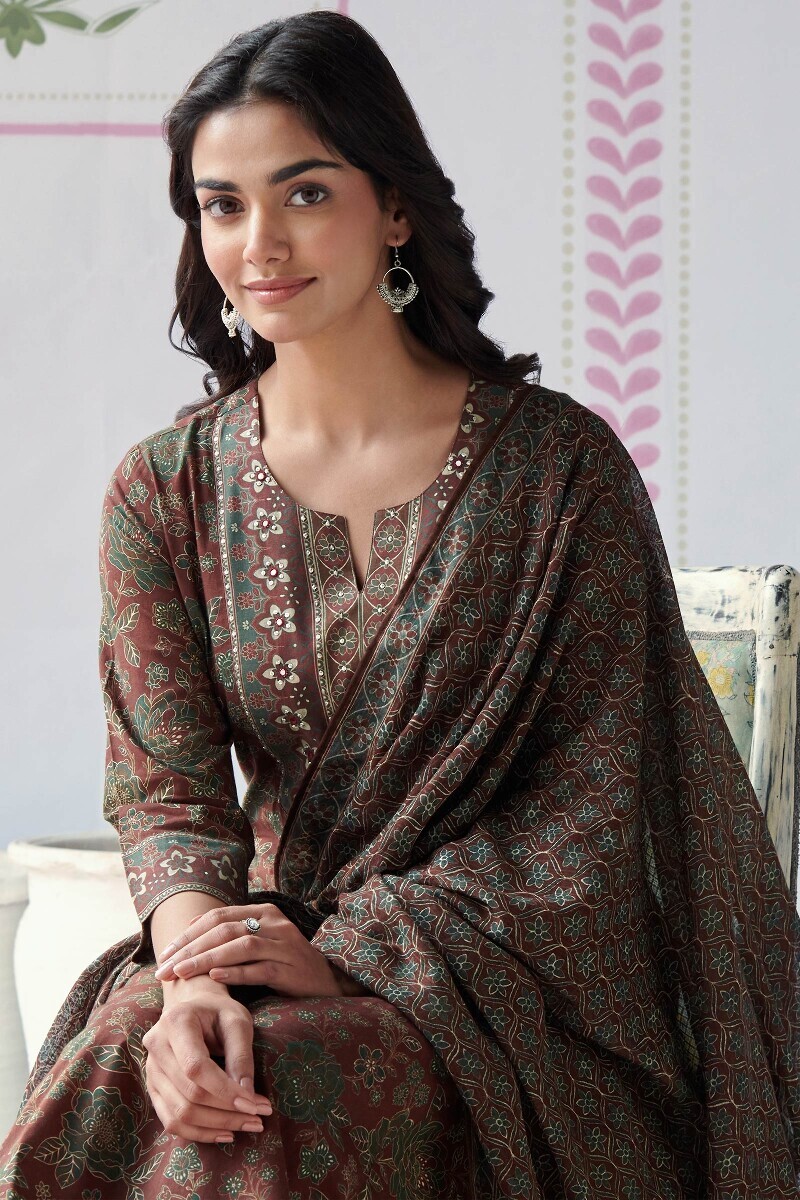 Maroon Printed Straight Cotton Kurta