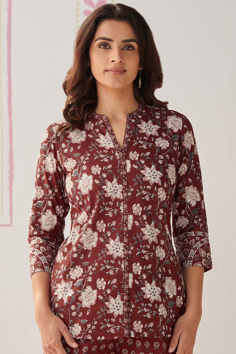 Maroon Hand Printed Cotton Loungewear Set