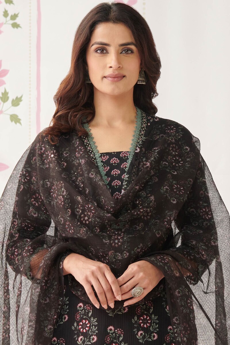 Black Hand Printed Kota Dupatta