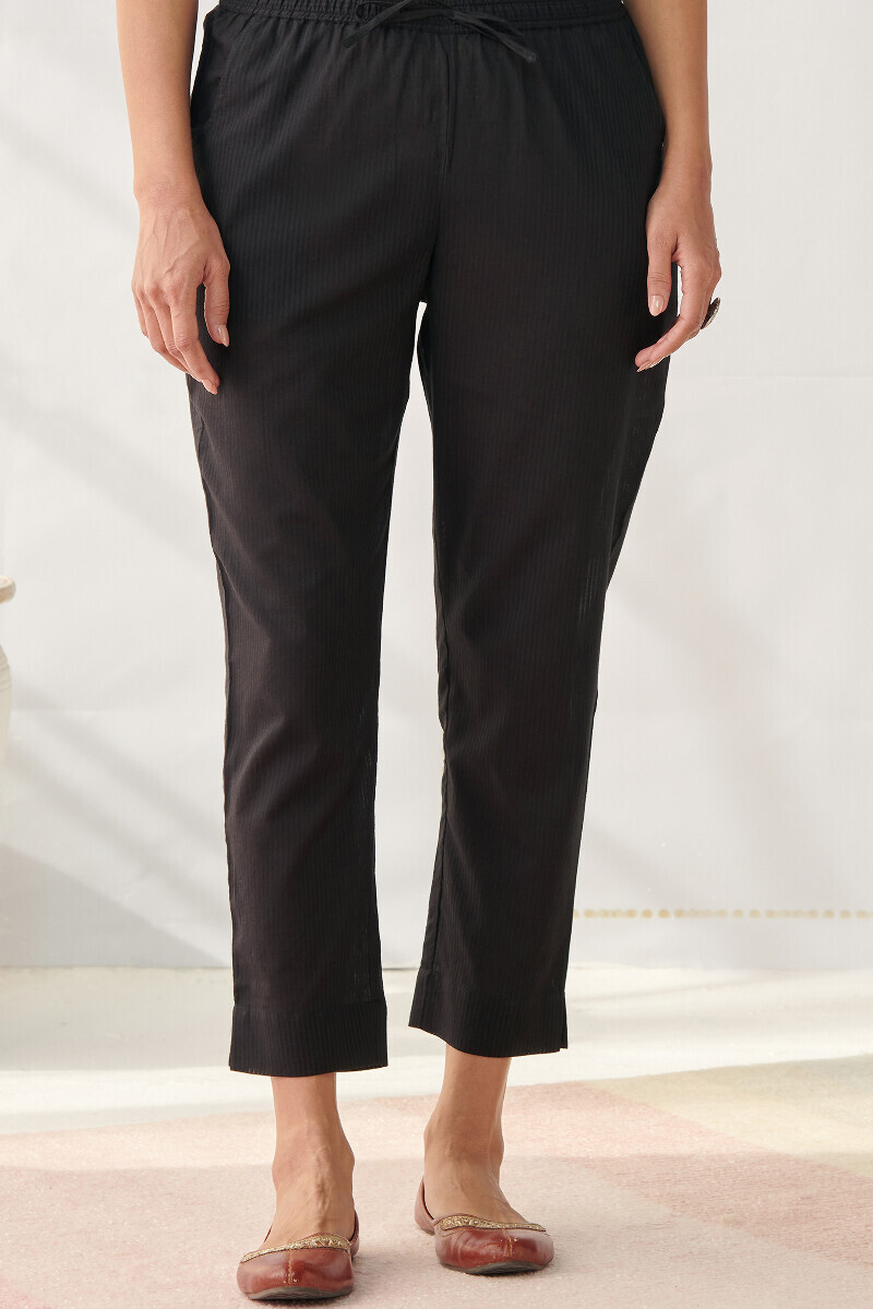 Black Handcrafted Cotton Dobby Narrow Pants
