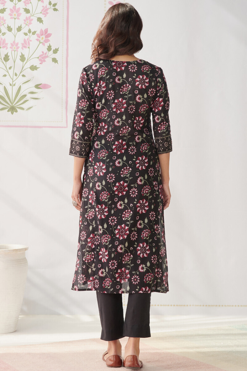 Black Hand Printed Straight Cotton Dobby Kurta