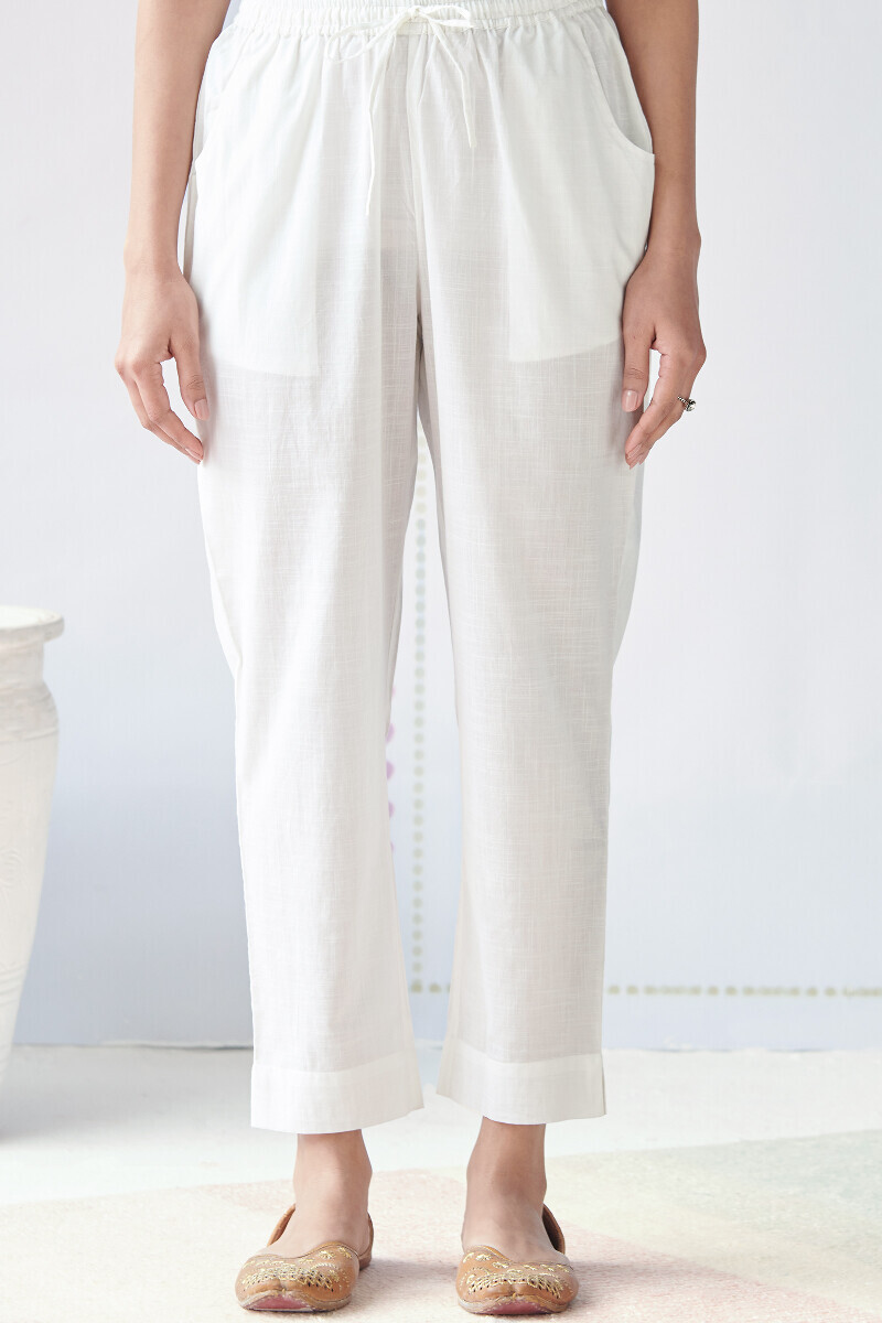 White Handcrafted Printed Cotton Slub Narrow Pants