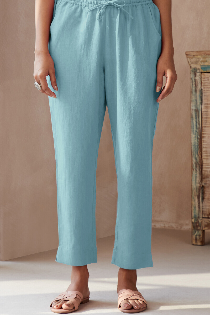 Blue Handcrafted Cotton Flax Narrow Pants