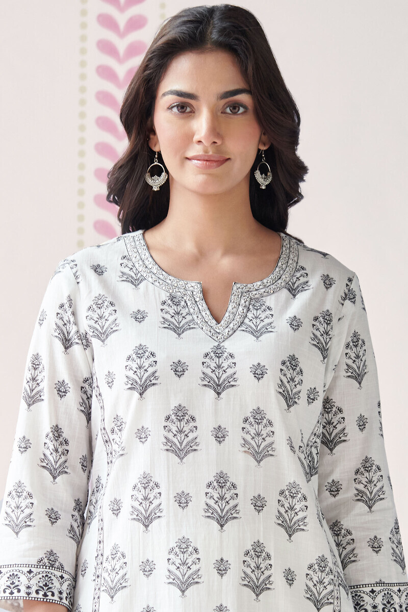 White Hand Printed Straight Cotton Slub Kurta