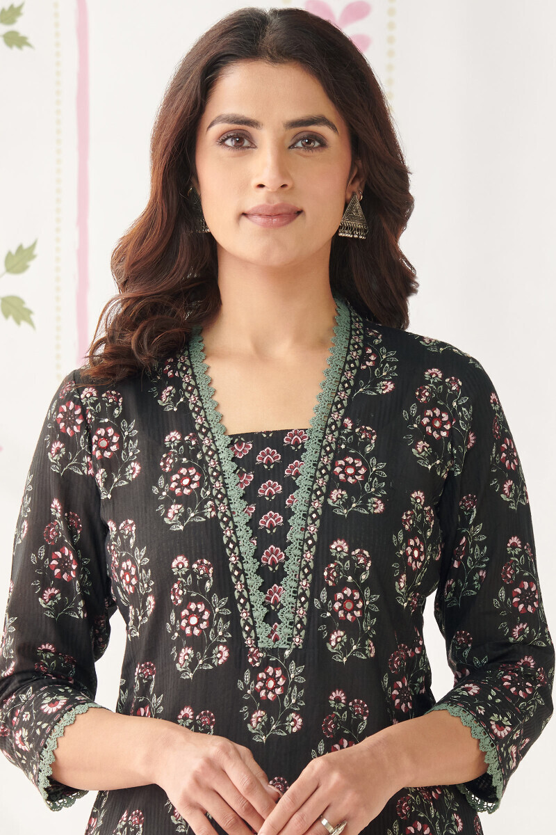 Black Hand Printed Straight Cotton Line Dobby Kurta