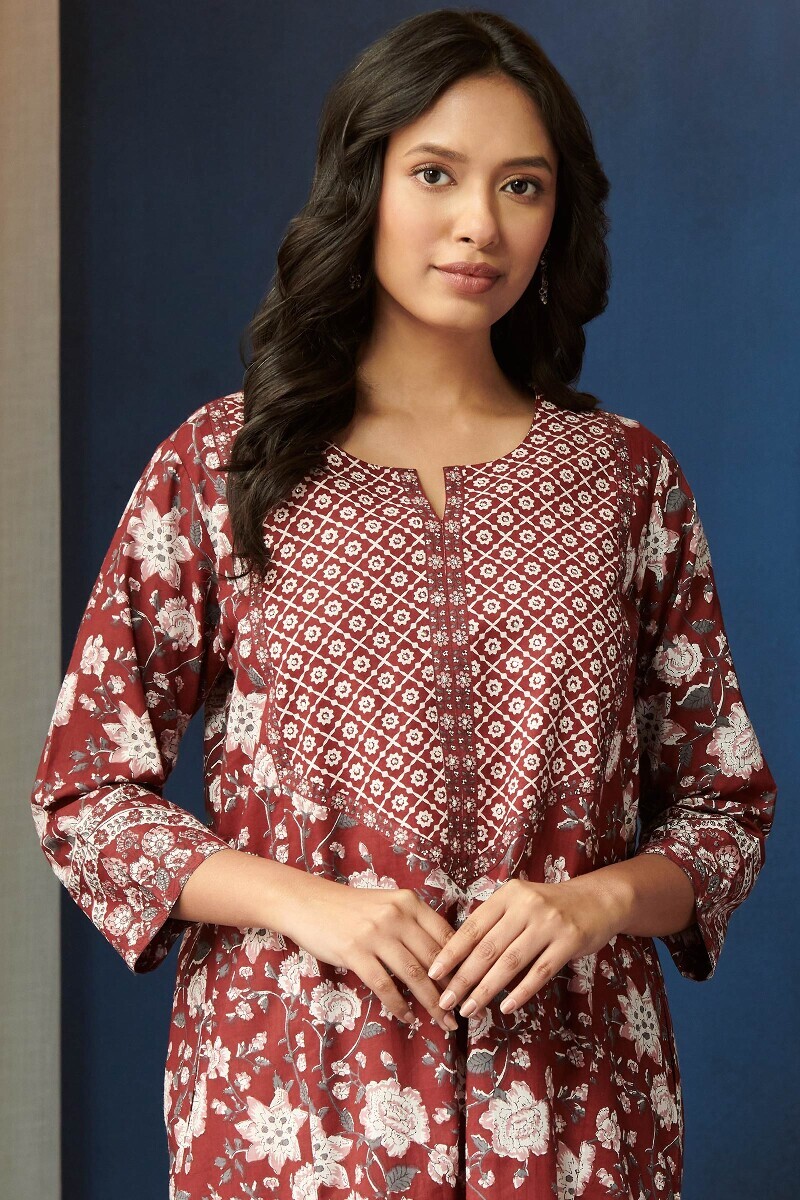 Maroon Hand Printed Cotton Kaftan