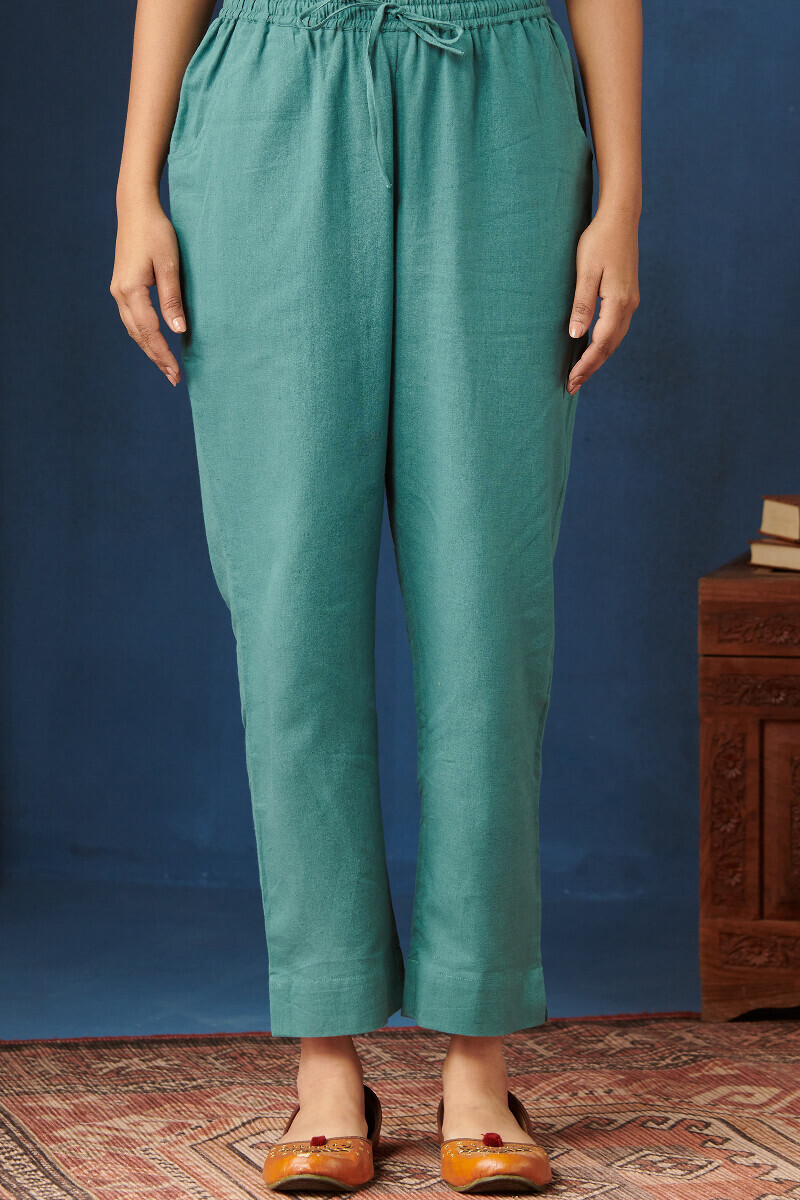 Blue Handcrafted Cotton Flax Narrow Pants