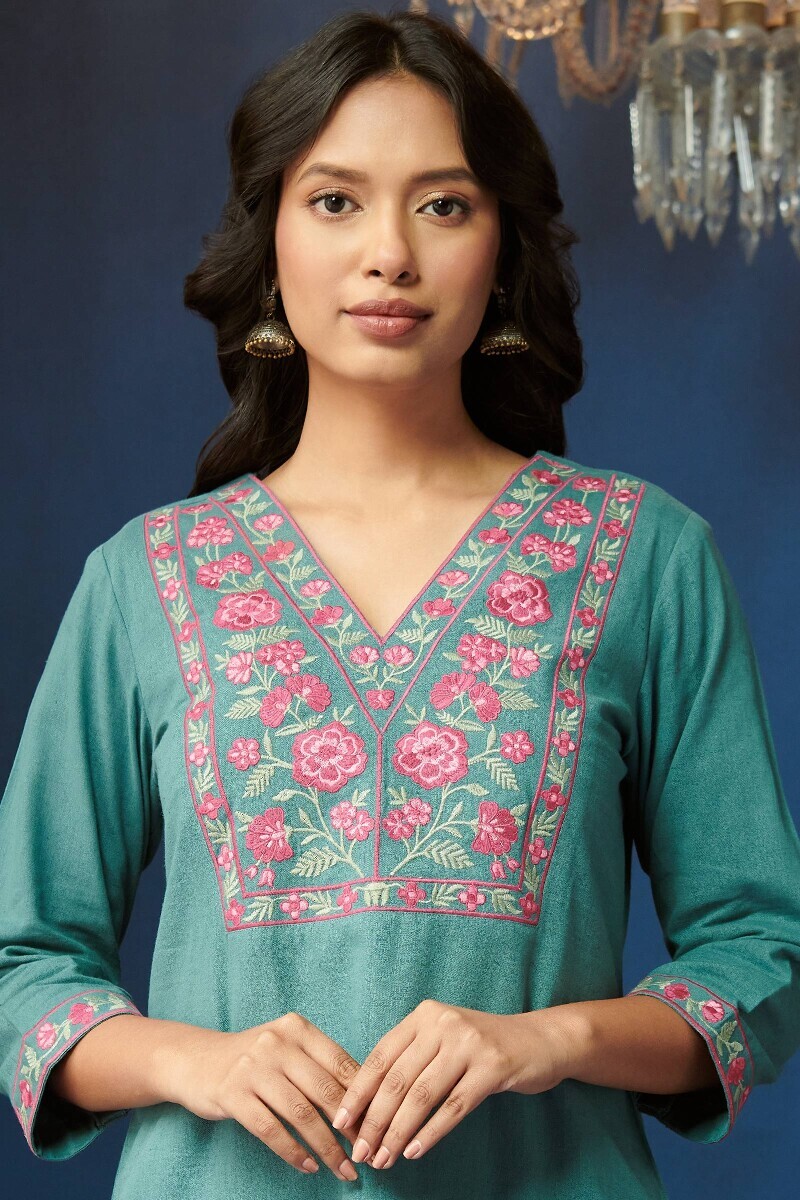 Teal Blue Handcrafted Straight Cotton Flax Kurta