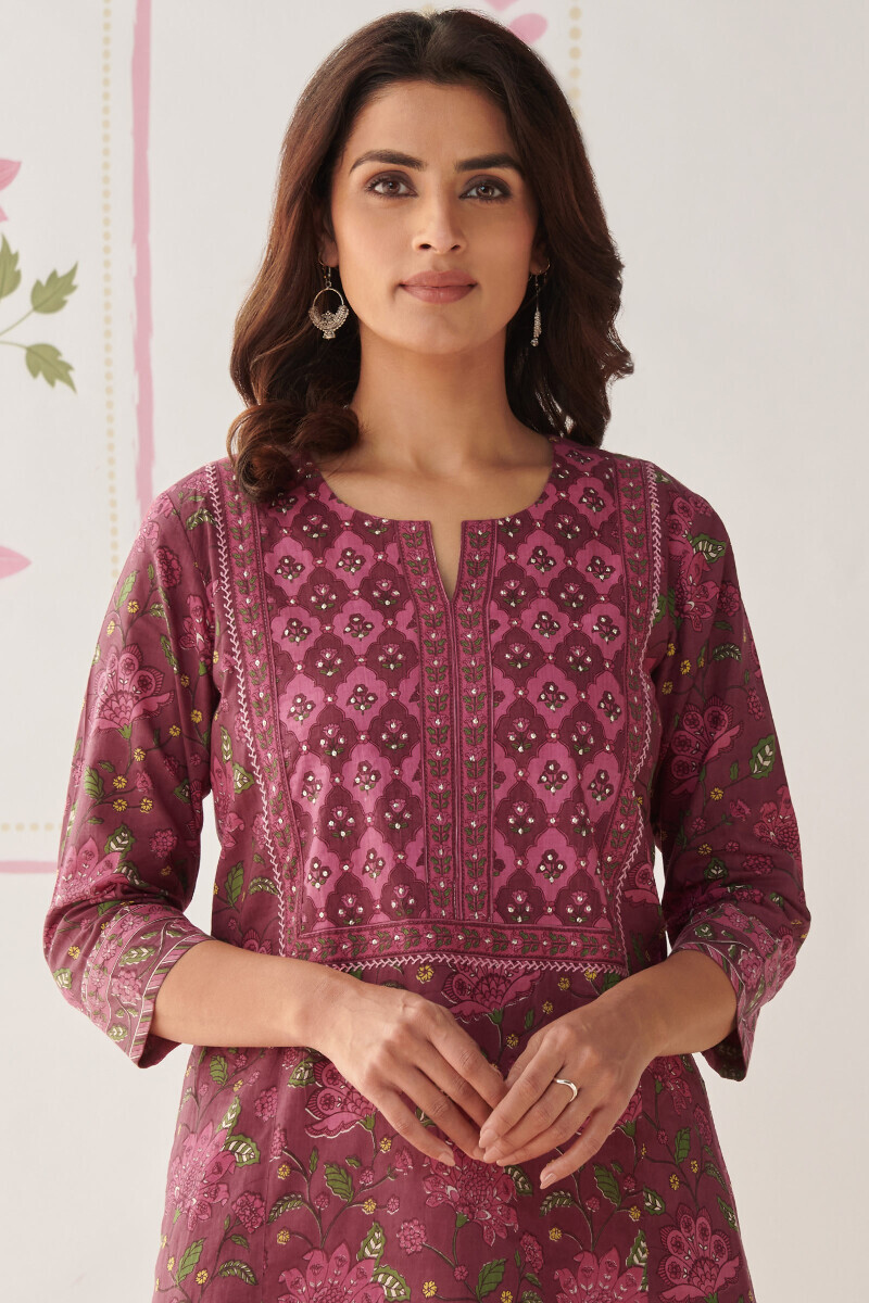 Mauve Hand Printed Cotton Kaftan