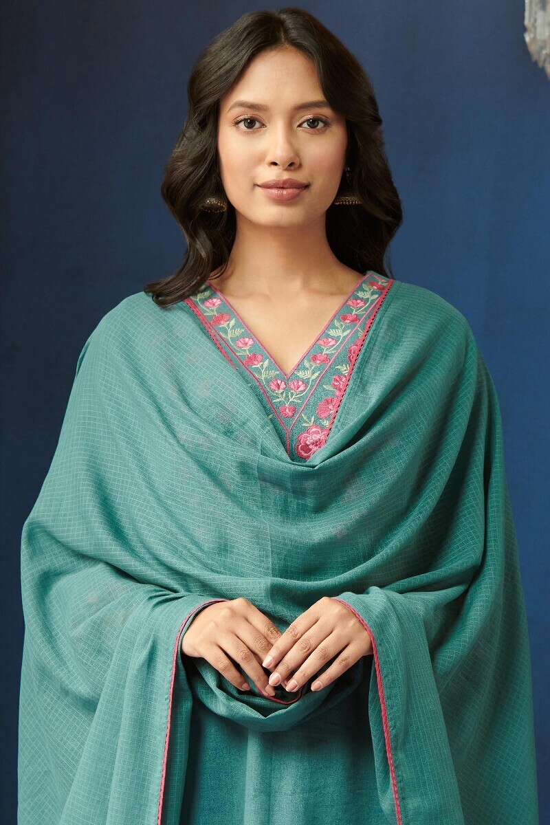 Teal Blue Handcrafted Kota Dupatta
