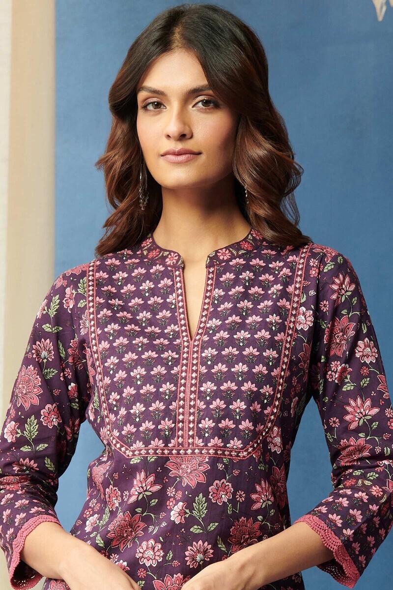 Purple Hand Printed Straight Cotton Kurta