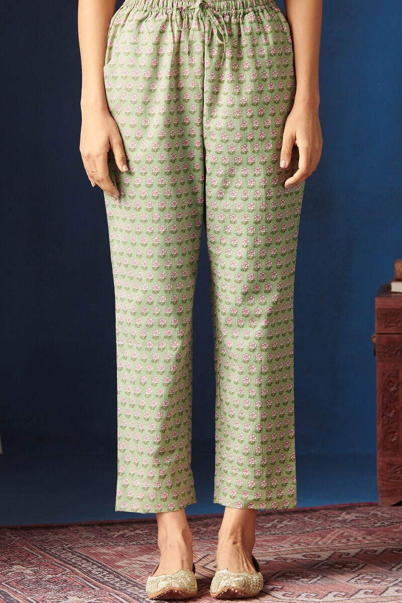 Green Hand Printed Cotton Narrow Pants