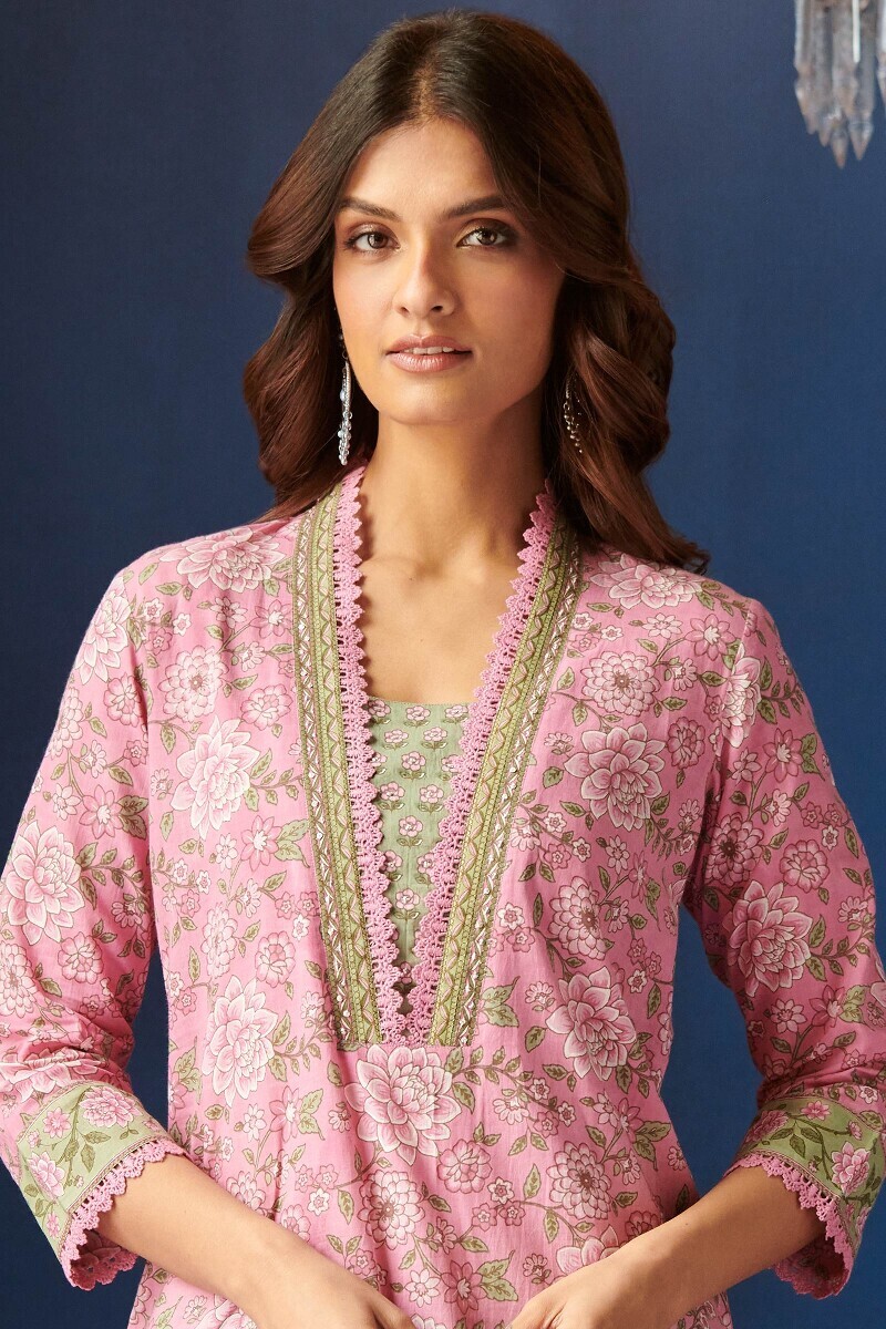Pink Hand Printed Straight Cotton Kurta