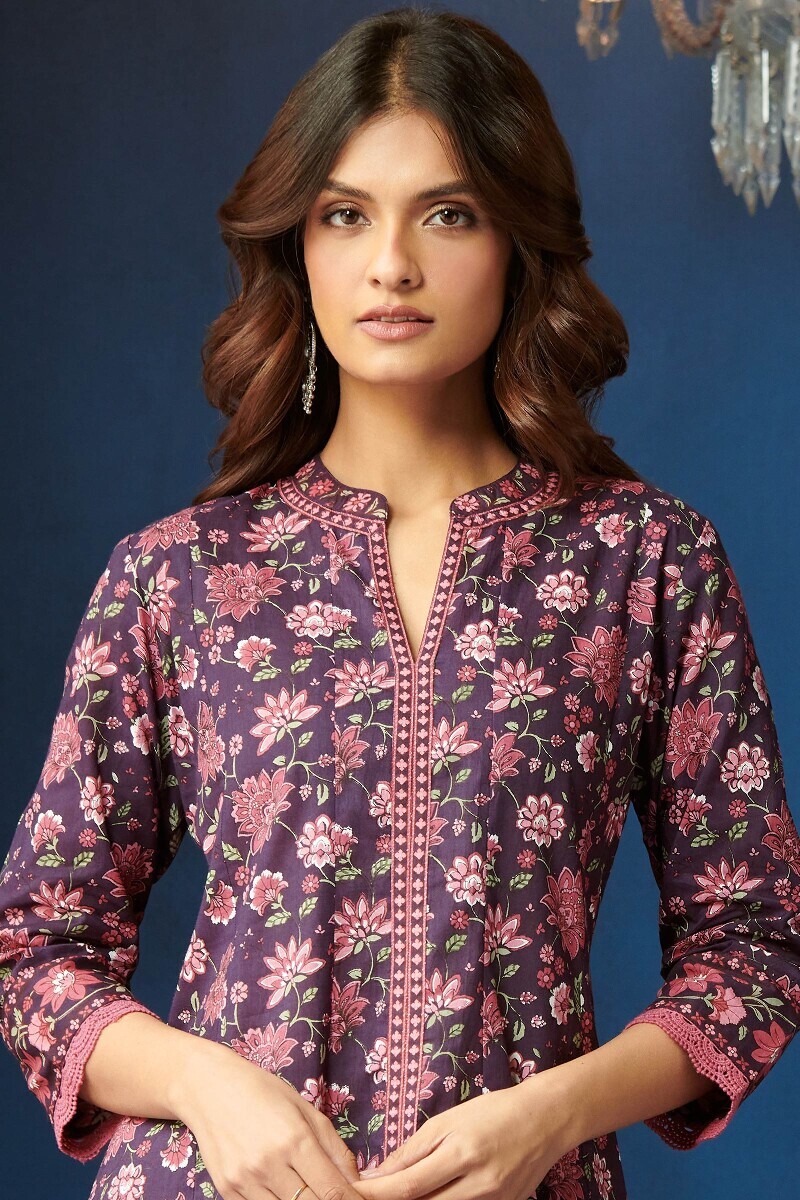 Purple Hand Printed Straight Cotton Kurta