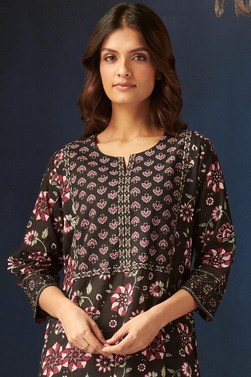 Black Hand Printed Cotton Dobby Kaftan