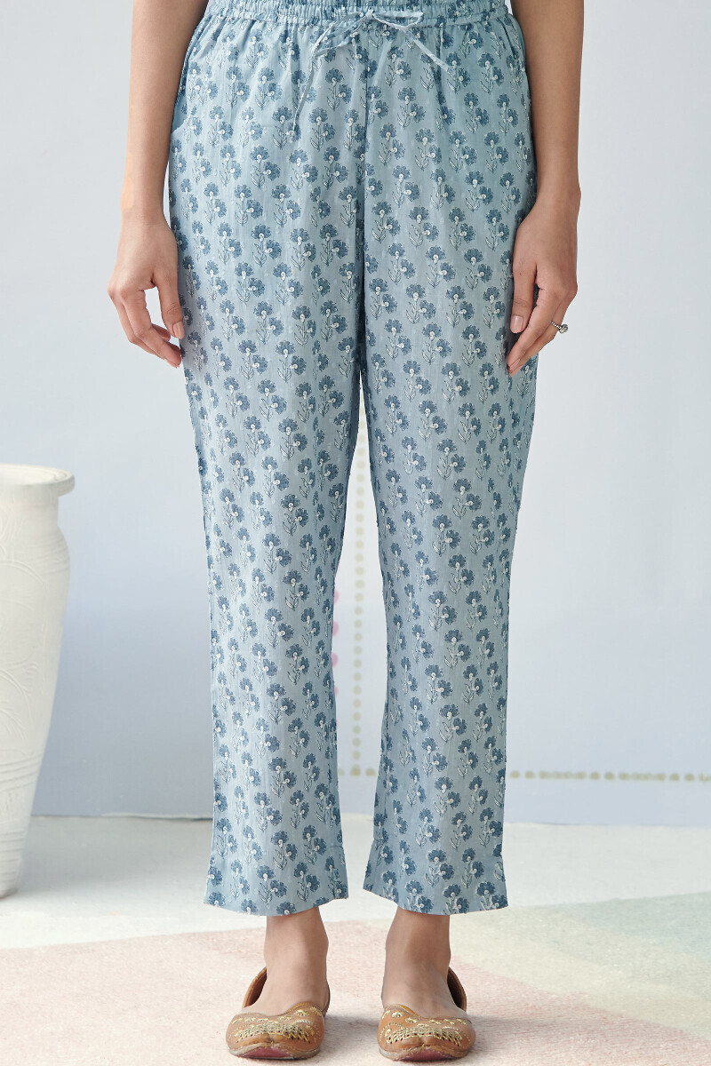 Blue Hand Printed Cotton Dobby Narrow Pants