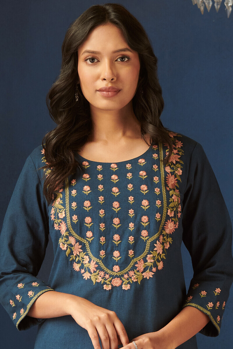 Indigo Handcrafted Straight Cotton Flax Kurta
