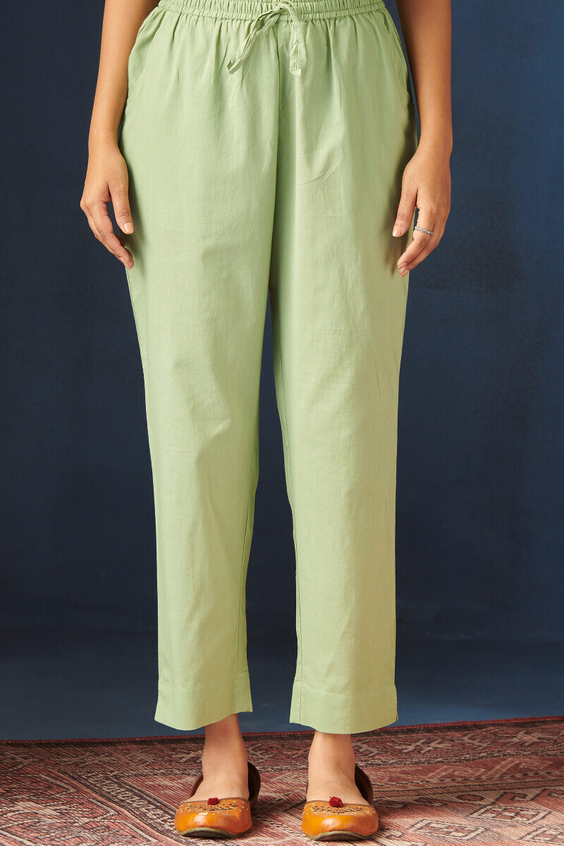 Green Handcrafted Cotton Narrow Pants