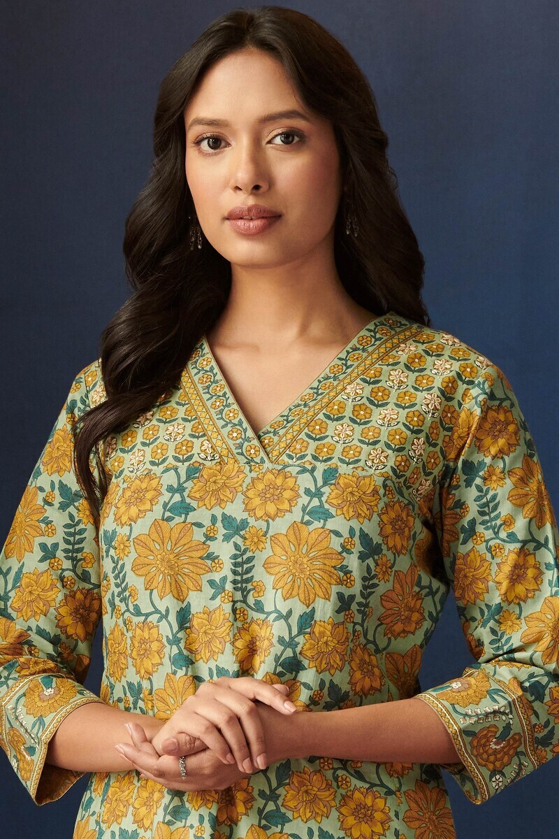 Green Hand Printed Straight Cotton Kurta