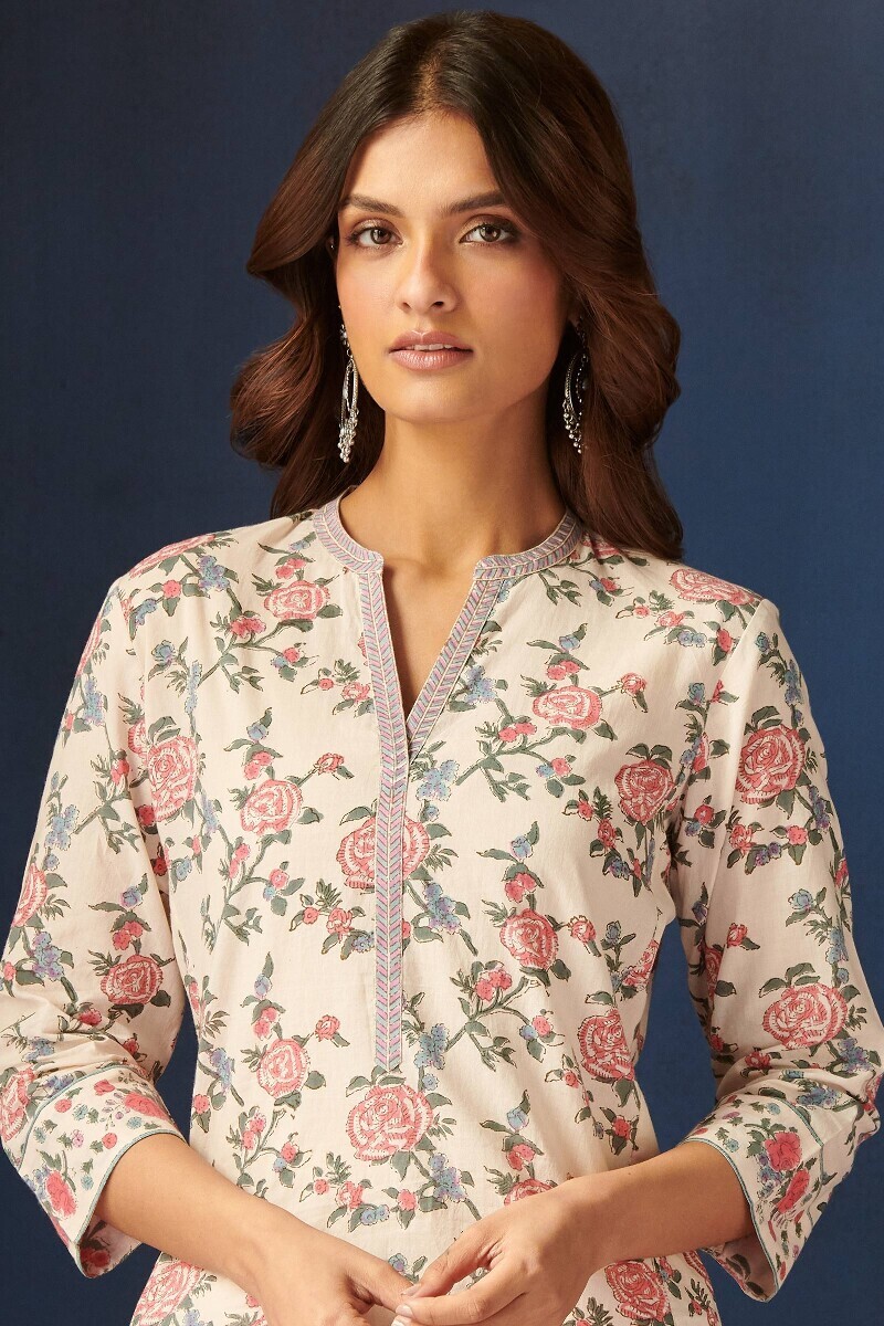 Off-White Hand Block-Printed Straight Cotton Kurta
