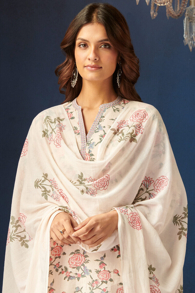 Beige Hand Block-Printed Cotton Mul Dupatta