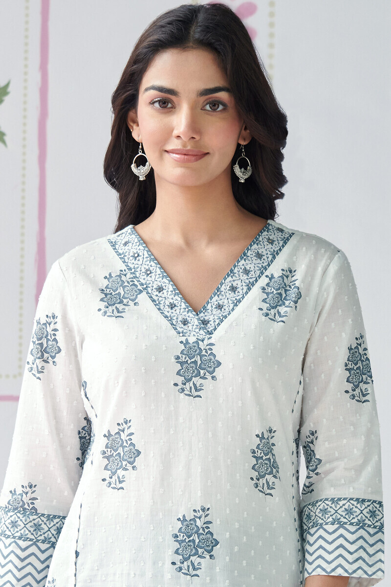 White Hand Printed Straight Cotton Dobby Kurta