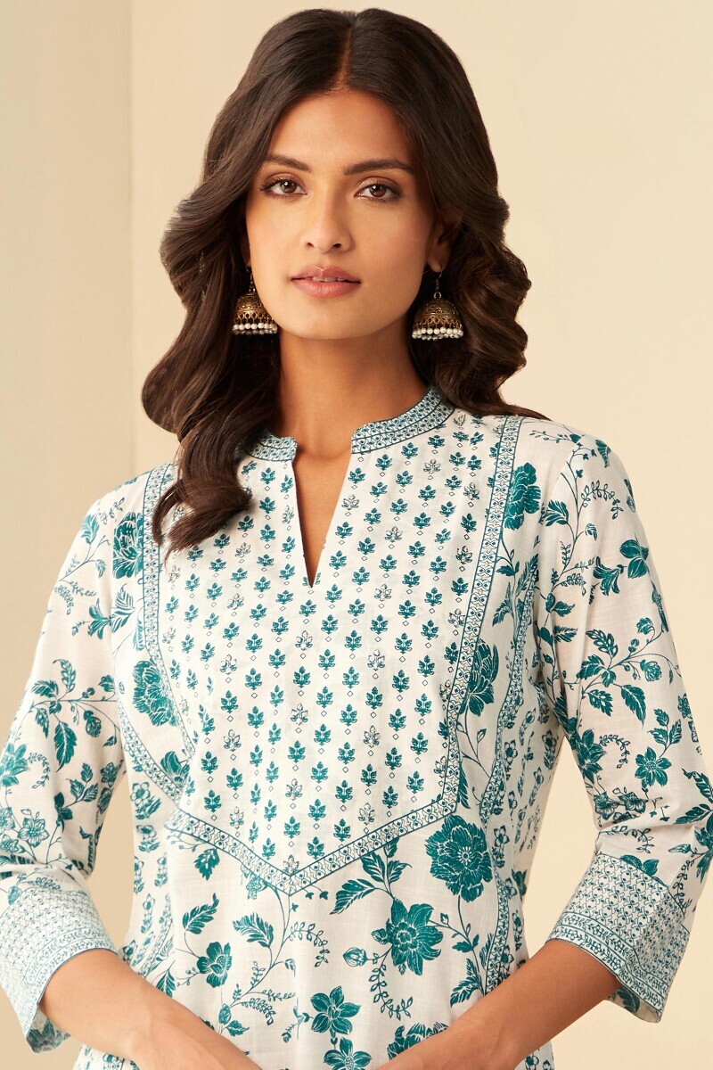 White Hand Printed Straight Cotton Slub Kurta