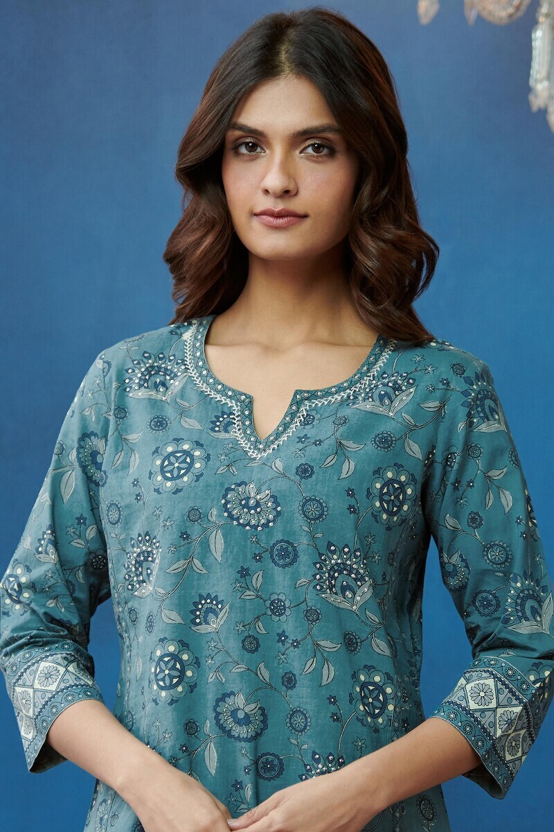 Blue Hand Printed Straight Cotton Kurta