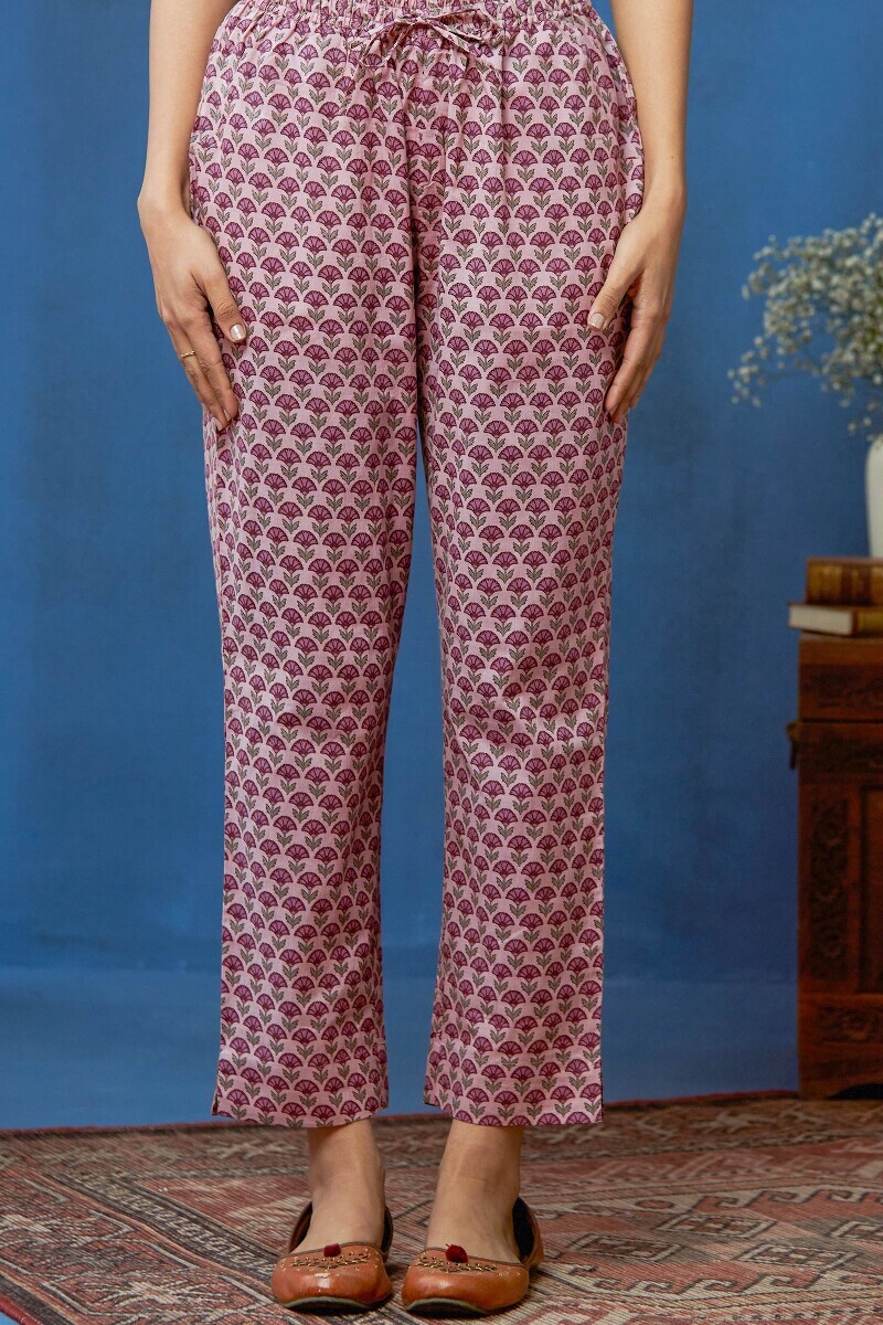 Pink Hand Printed cotton Narrow Pants
