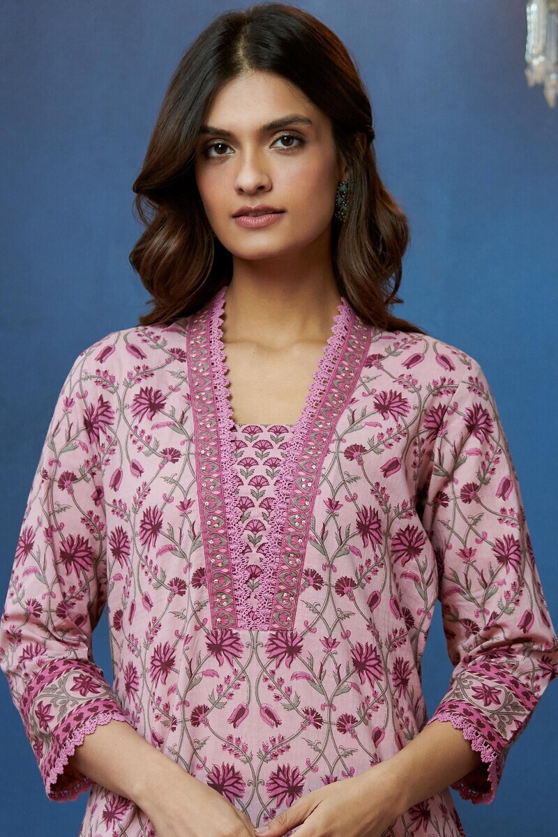Pink Hand Printed Straight Cotton Kurta