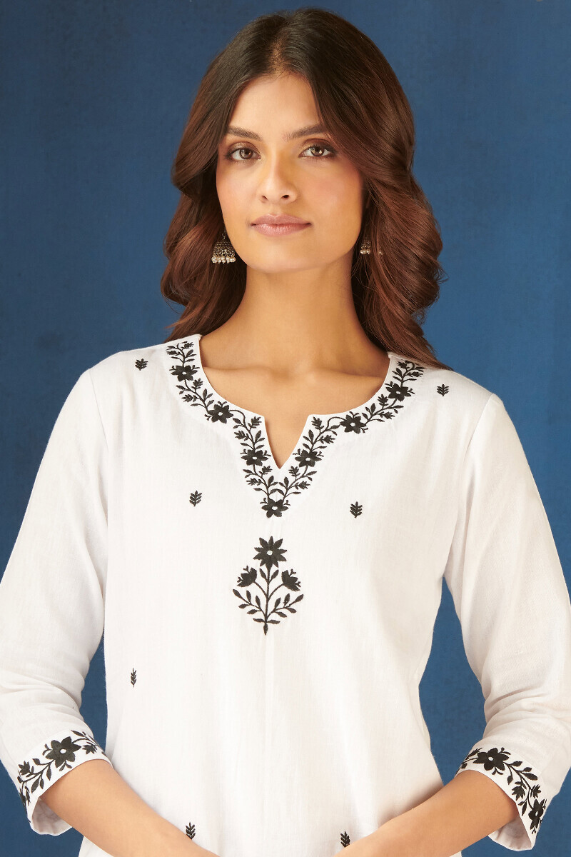 White Handcrafted Straight Cotton Flax Kurta