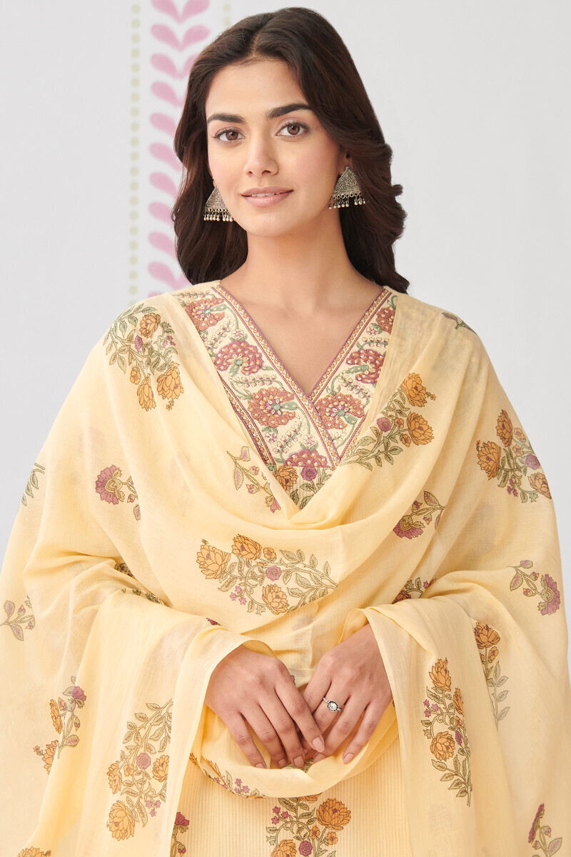 Yellow Hand Printed Cotton Mul Dupatta