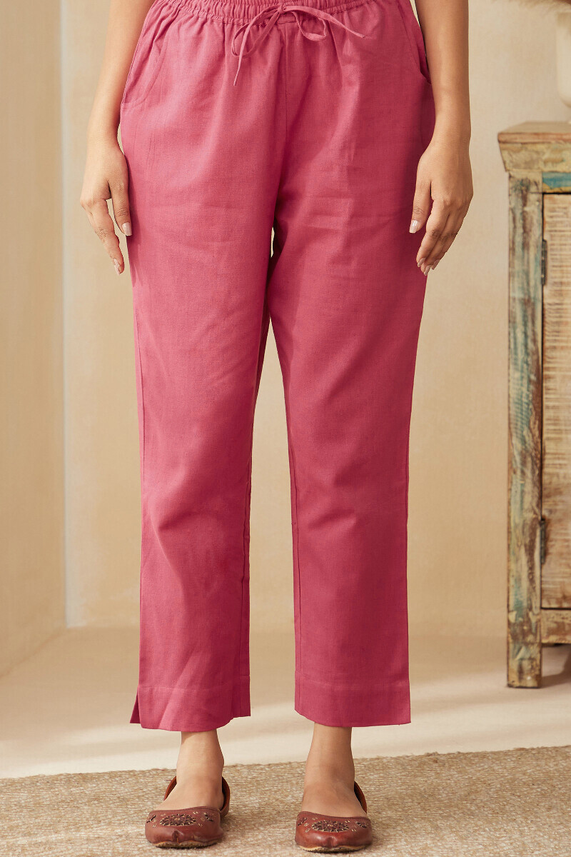Pink Handcrafted Cotton Flax Narrow Pants