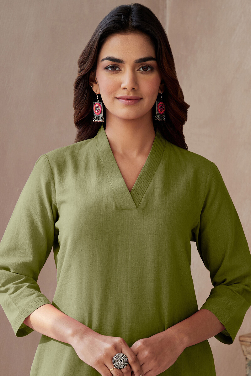 Green Handcrafted Straight Cotton Flax Kurta