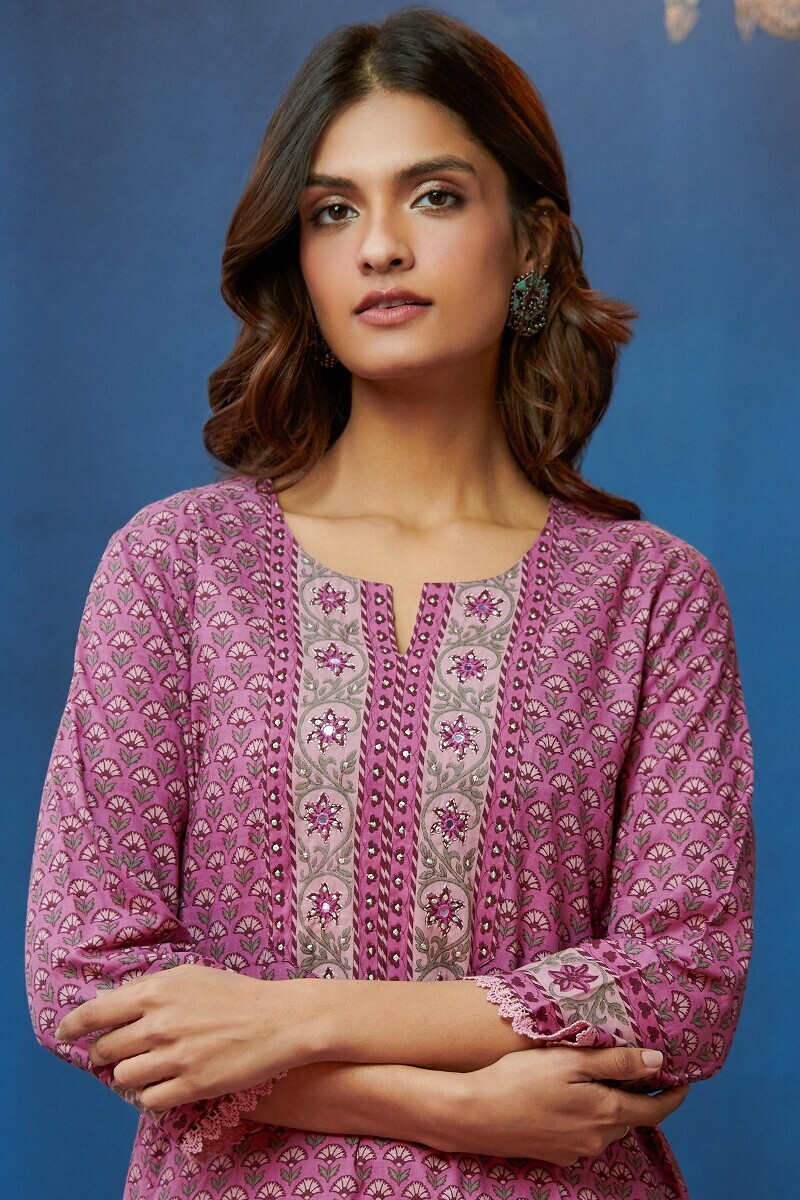 Pink Hand Printed Straight Cotton Kurta