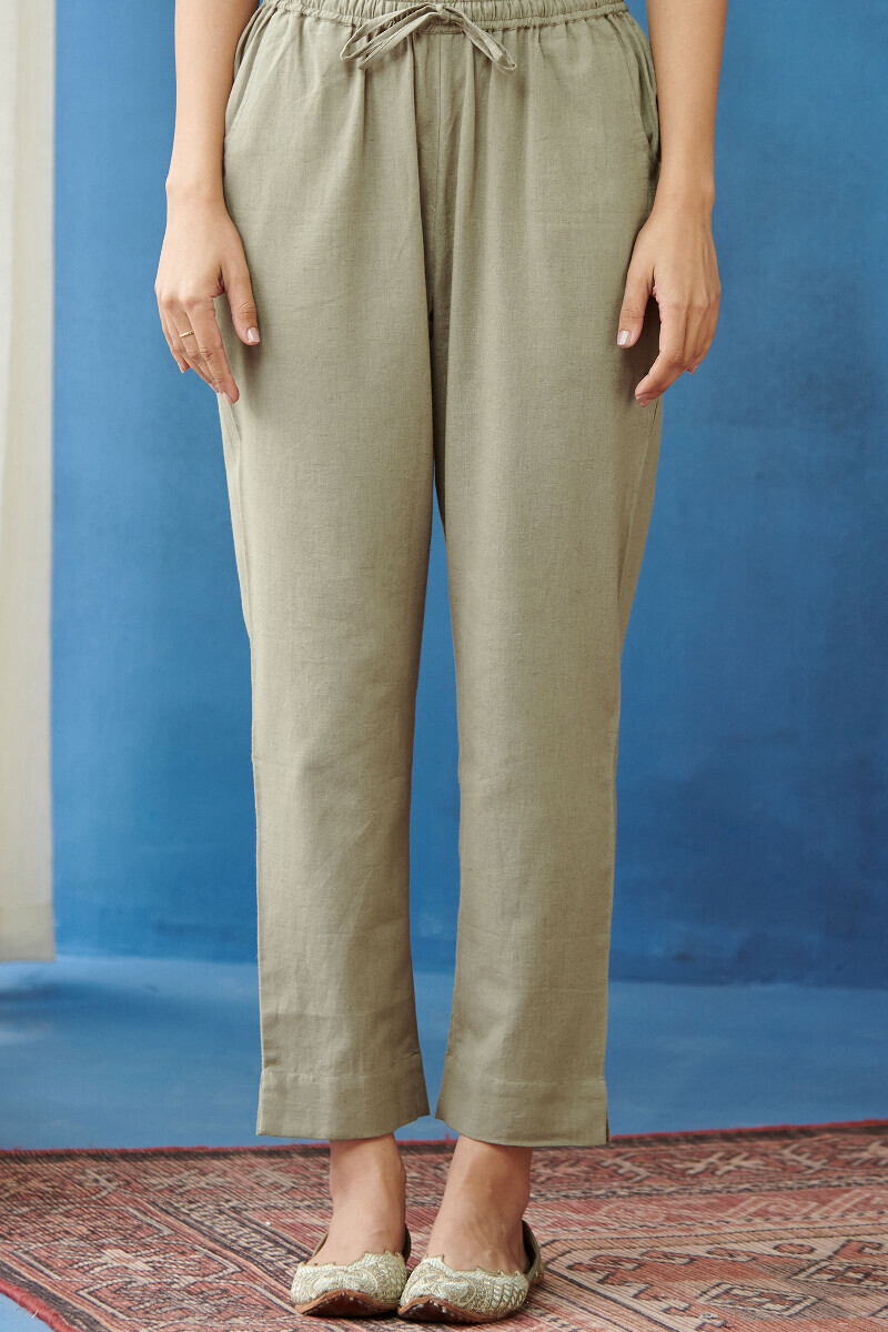 Grey Handcrafted Cotton Flax Narrow Pants