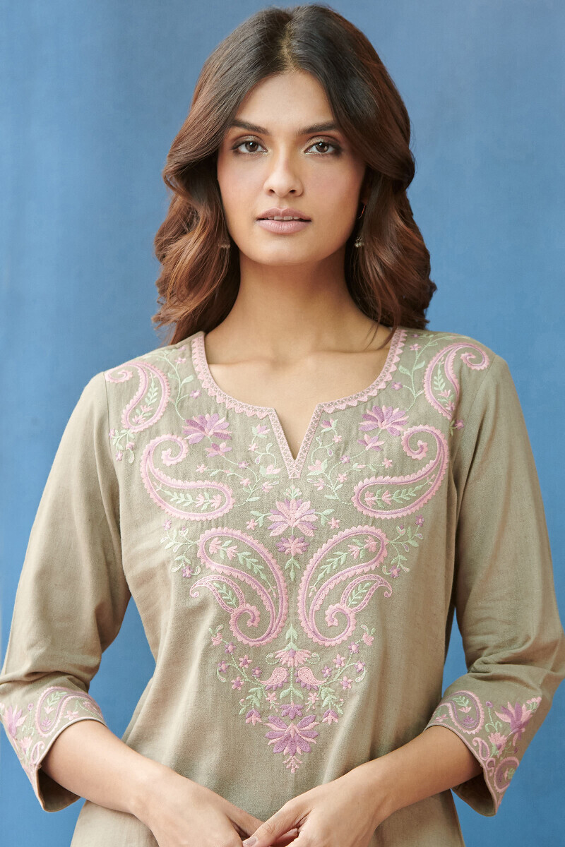 Grey Handcrafted Straight Cotton Flax Kurta