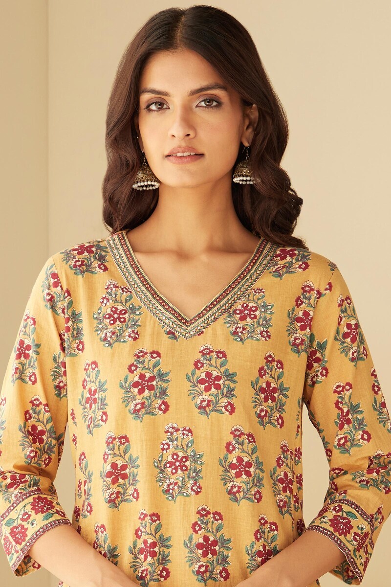 Yellow Hand-Printed Straight Cotton Kurta