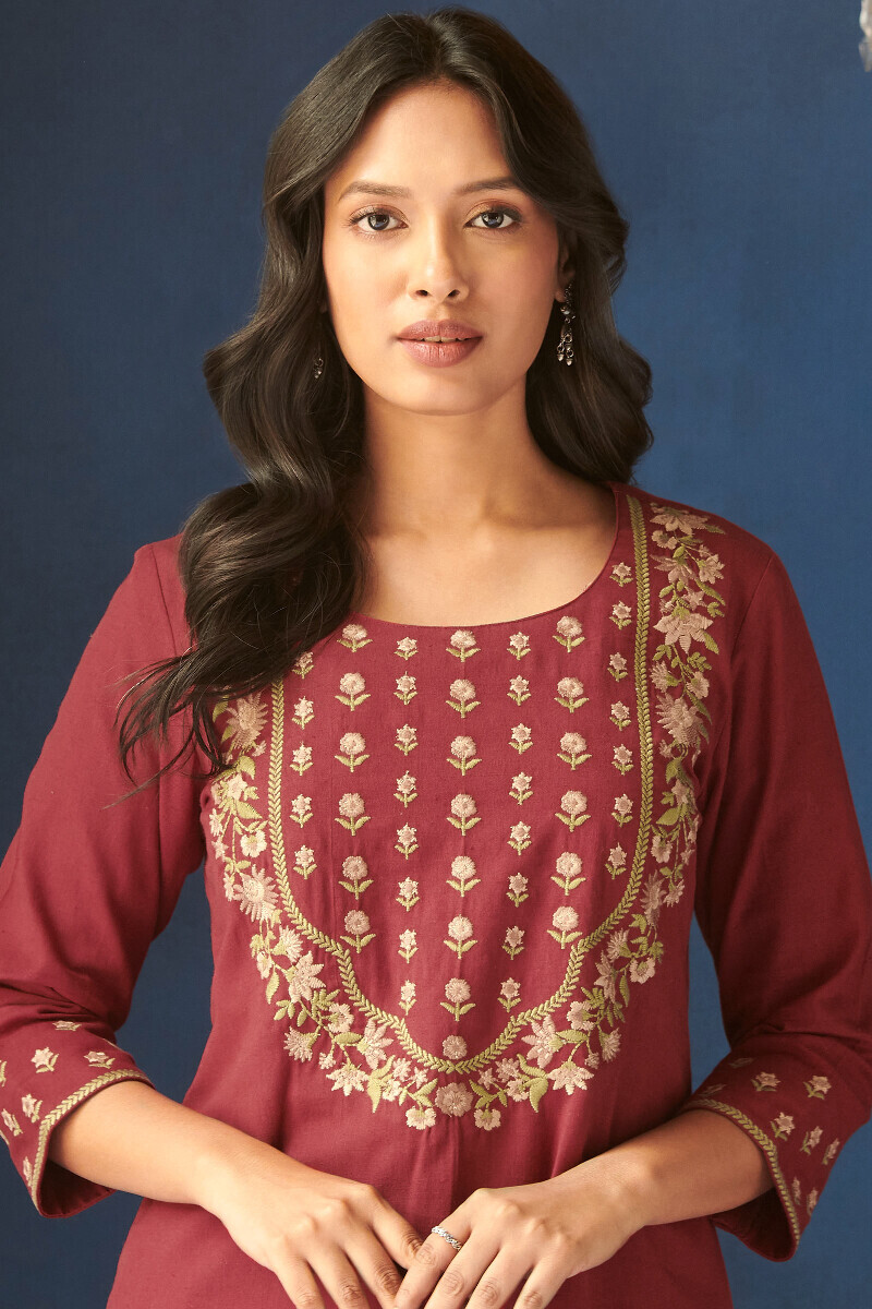 Red Handcrafted Straight Cotton Flax Kurta